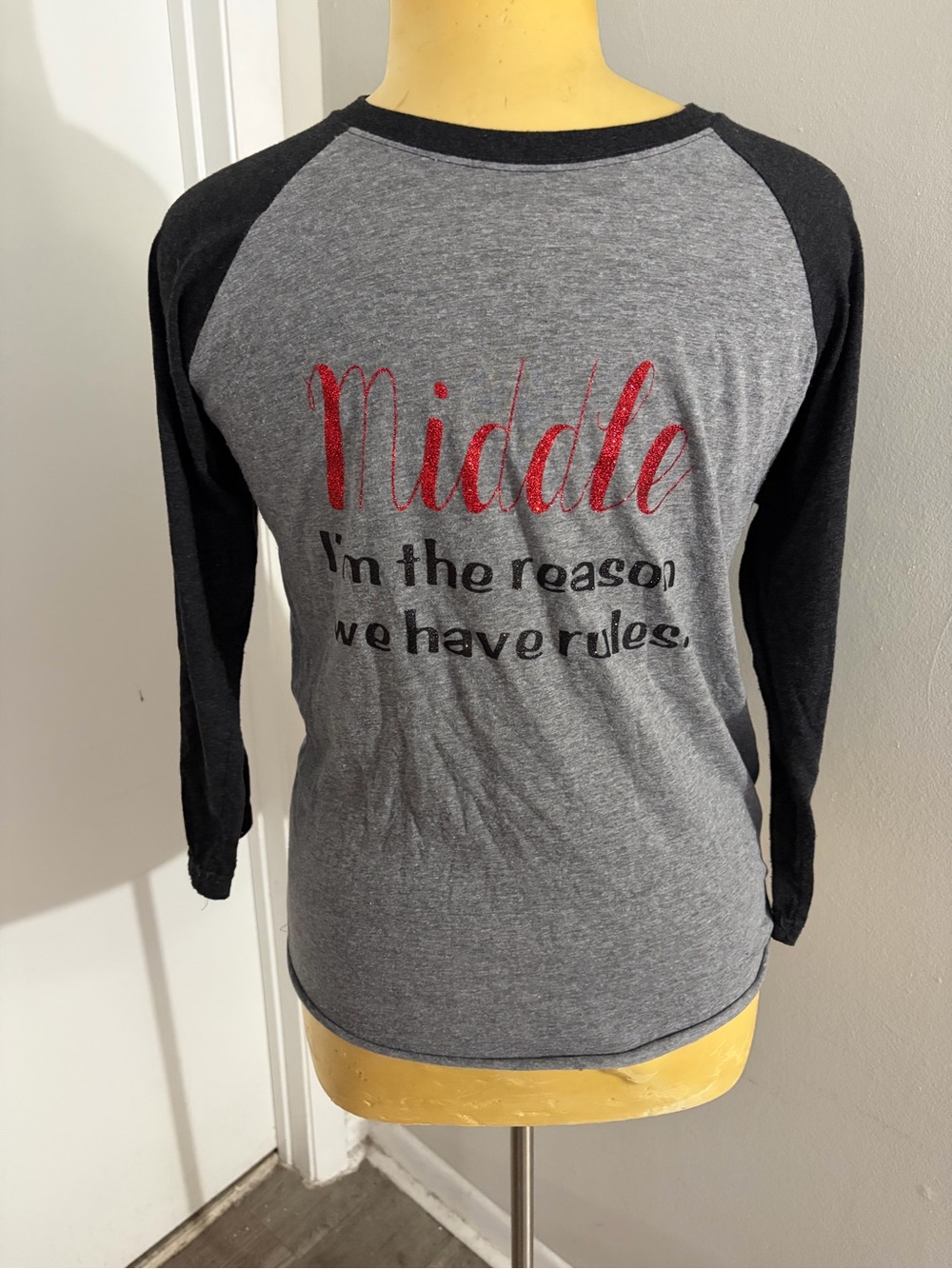 Gildan Gray Baseball Tee with Black Sleeves and Red Script